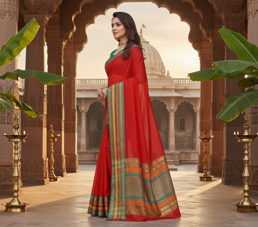 Red Kota Doria Cotton Bordered Saree