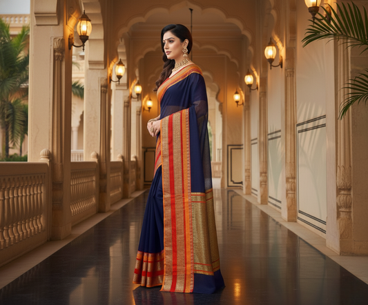 Navy Blue Kota Doria Cotton Border Saree