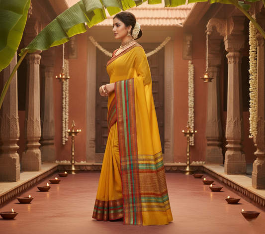 Yellow Kota Doria Cotton Bordered Saree