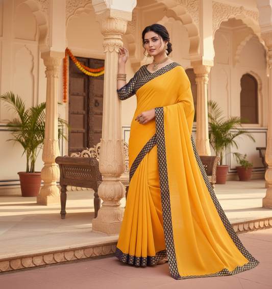Gold Chanderi Cotton Lace Border Saree