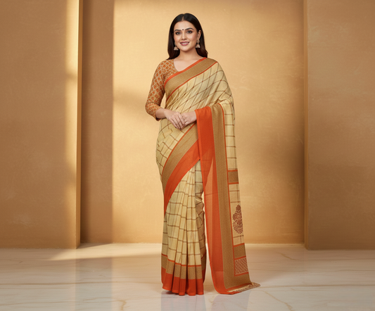 Orange Georgette Printed Saree