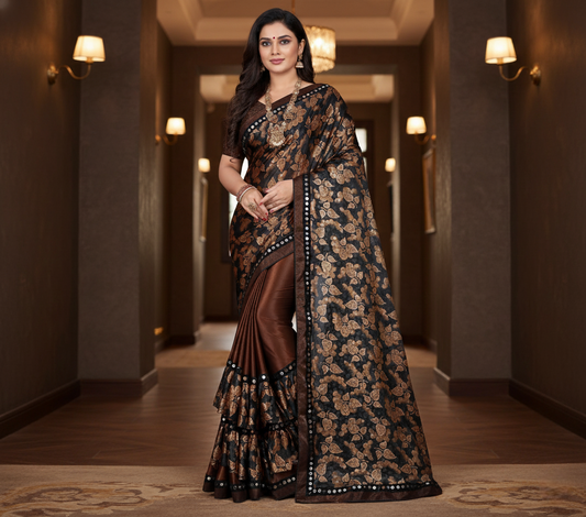 Coffee Floral Print Lycra Blend Saree