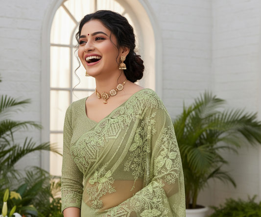Pista Green Embroidered Net Saree