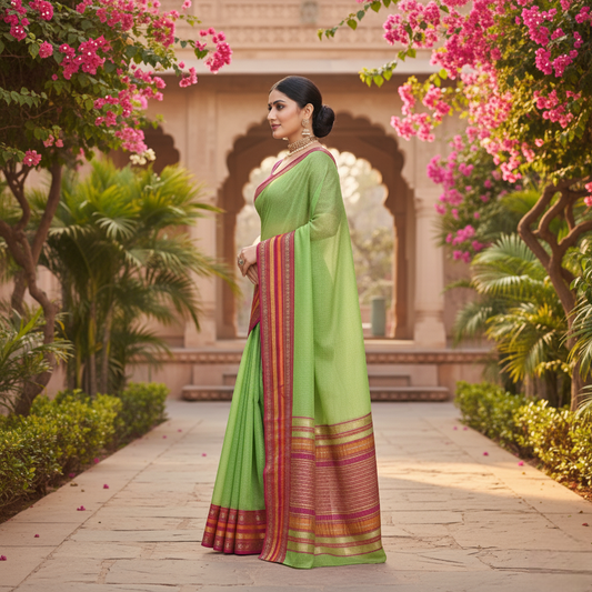 Light Green Kota Doria Cotton Bordered Saree