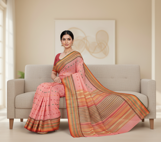 Pink Kota Doria Cotton Woven Butta Saree