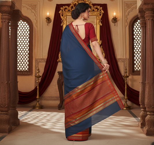 Navy Blue Kota Doria Cotton Bordered Saree