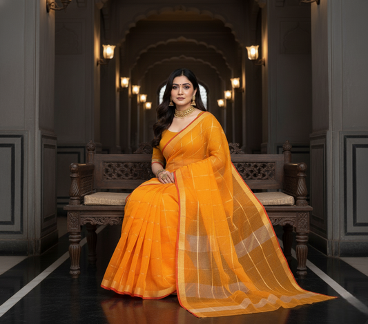 Yellow Kota Doria Cotton Checked Saree