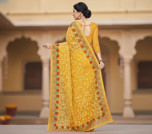 Yellow Net Embroidered Saree
