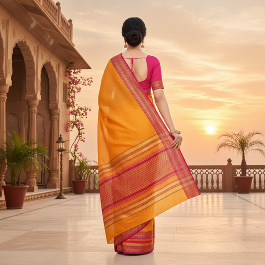 Gold Kota Doria Cotton Bordered Saree