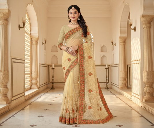 Chiku Embroidered Net Saree