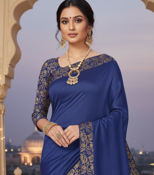 Navy Blue Silk Blend Weaving Saree