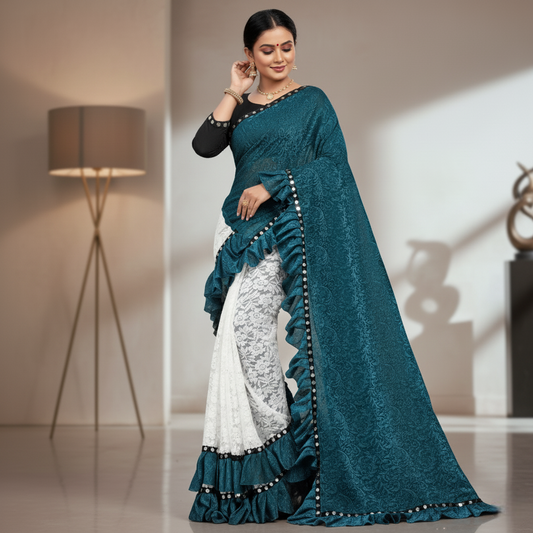 Rama Silk Mirror Lace Half & Half Ruffle Saree