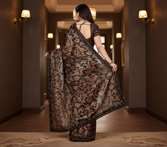 Coffee Floral Print Lycra Blend Saree