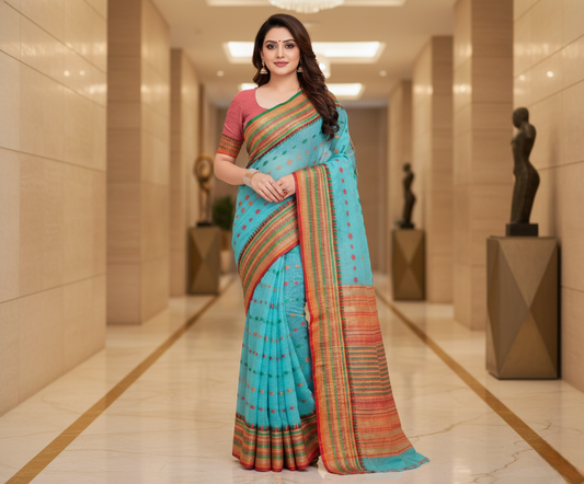 Sky Blue Kota Doria Cotton Woven Butta Saree