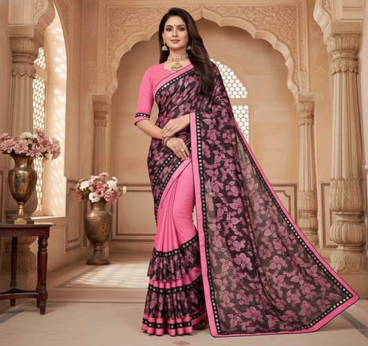 Pink Floral Print Lycra Blend Saree