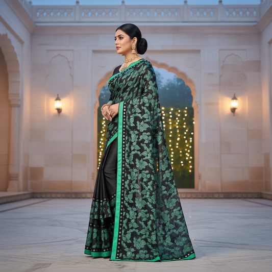 Green Floral Print Lycra Blend Saree