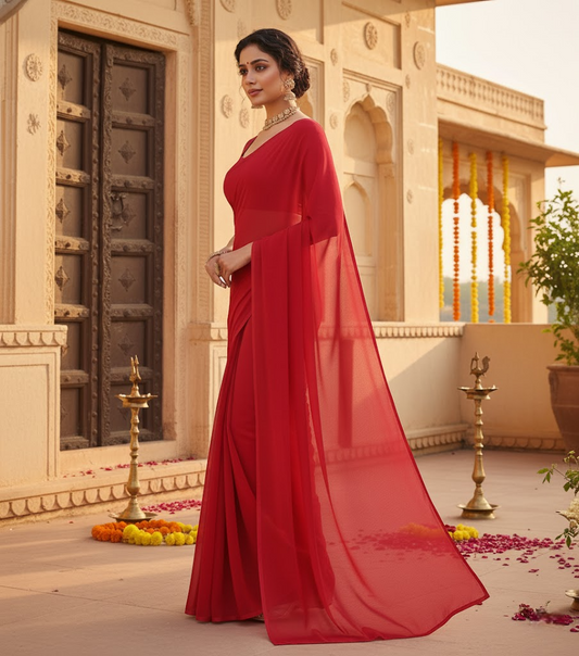Red Georgette Plain Saree With Blouse