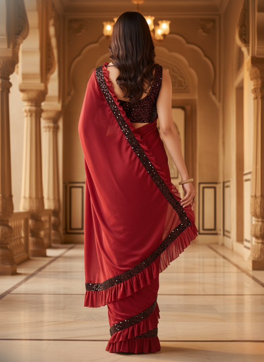 Red Lycra Solid Saree
