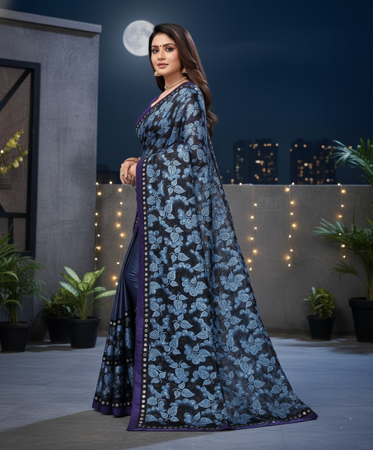 Blue Lycra Blend Saree