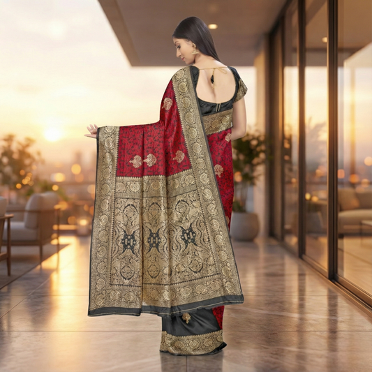 Black & Red Banarasi Silk Saree With Blouse