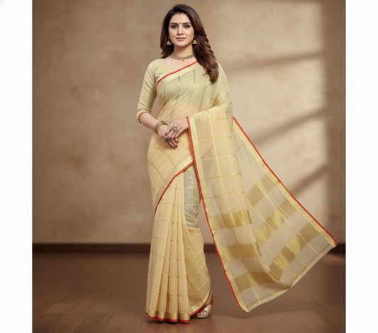 Beige Kota Doria Cotton Checked Saree