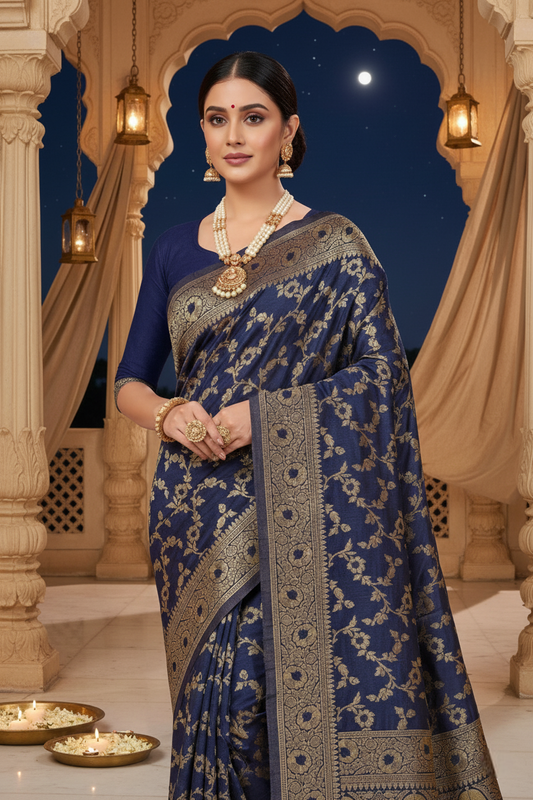Navy Blue Banarasi Silk Saree