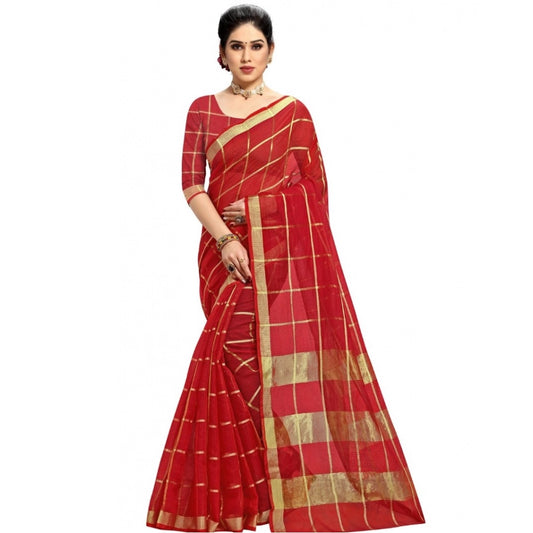 Red Kota Doria Cotton Checked Saree