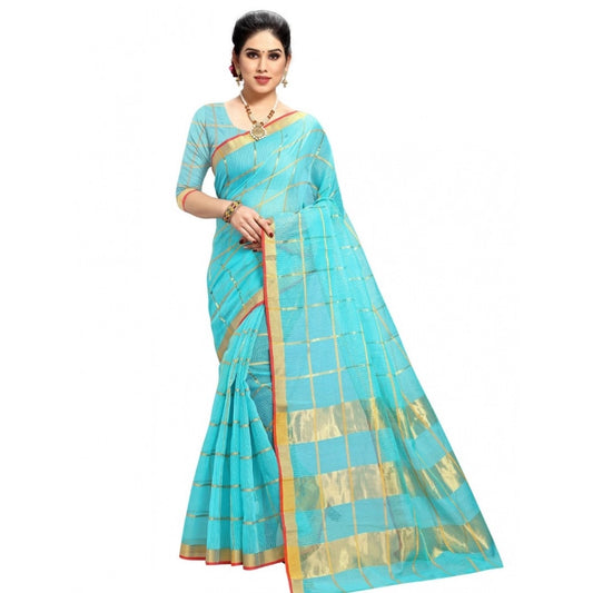 Sky Blue Kota Doria Cotton Checked Saree