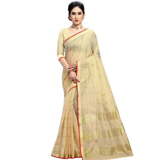 Beige Kota Doria Cotton Checked Saree