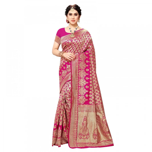 Pink Jacquard Silk Kanjivaram Saree With Blouse