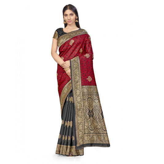 Black & Red Banarasi Silk Saree With Blouse