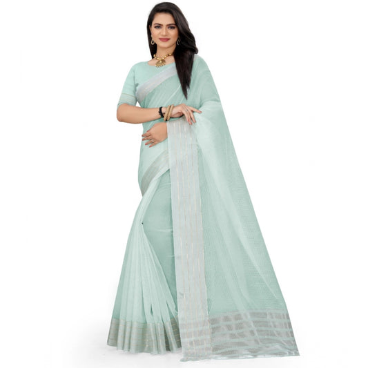 Generic Women's Cotton Jute Self Design Saree With Unstitched Blouse 5.5Mtr (Sky Blue)
