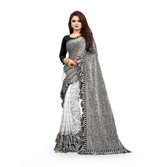 Grey Silk Mirror Lace Half & Half Ruffle Saree