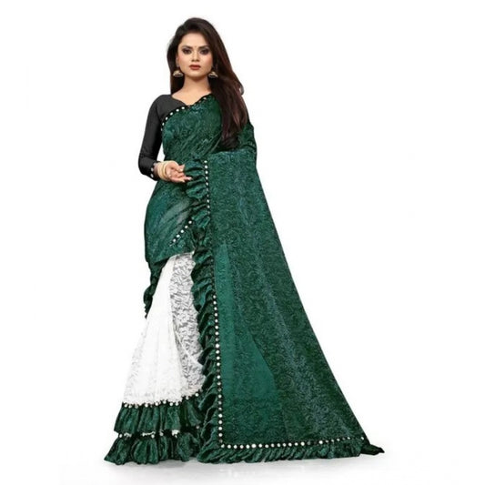 Green Silk Mirror Lace Half & Half Ruffle Saree