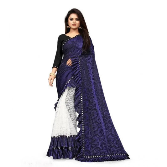 Blue Silk Mirror Lace Half & Half Ruffle Saree