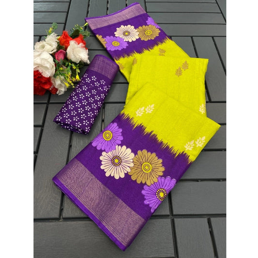 Dark Green & Purple Cotton Blend Printed Saree