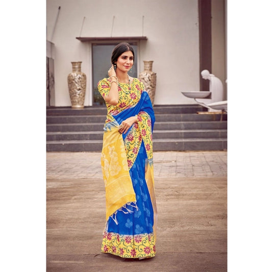Blue & Yellow Cotton Blend Printed Saree