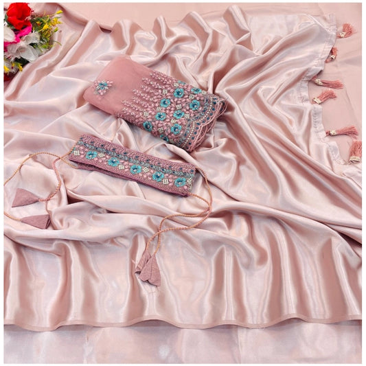 Blush Pink Satin Solid Saree