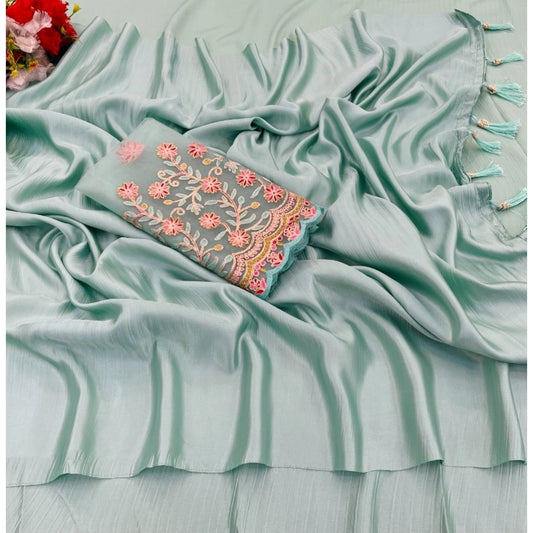 Sky Blue Satin Solid Saree