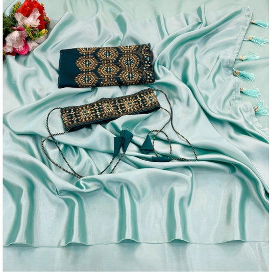 Sky Blue Satin Solid Saree