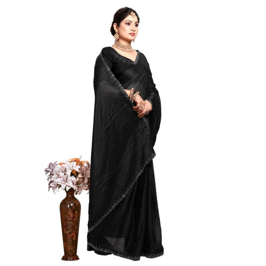 Generic Women's Georgette Satin Silk Saree With Unstitched Blouse 5.5Mtr (Black)