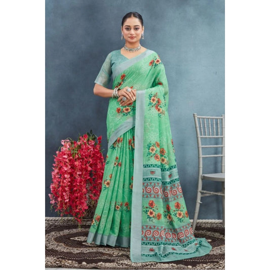 Generic Women's Linen Floral Printed Saree With Unstitched Blouse 5.5Mtr (Green)