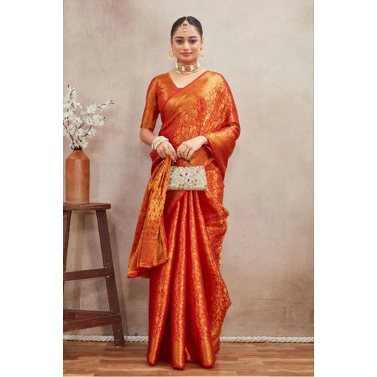 Generic Women's Silk Blend Floral Printed Saree With Unstitched Blouse 5.5Mtr (Red)