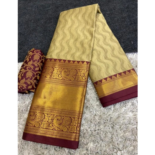 Generic Women's Cotton Silk Printed Saree With Unstitched Blouse 5.5Mtr (Brown)