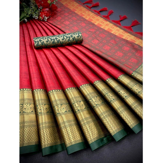 Generic Women's Cotton Silk Printed Saree With Unstitched Blouse 5.5Mtr (Red)