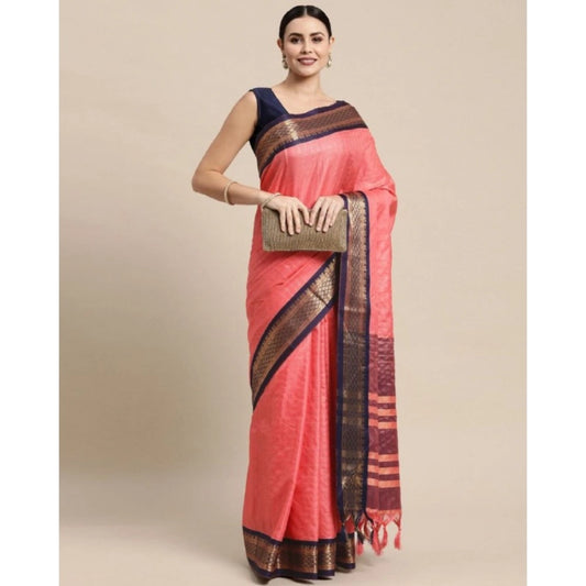 Generic Women's Cotton Silk Checkered Saree With Unstitched Blouse 5.5Mtr (Pink)