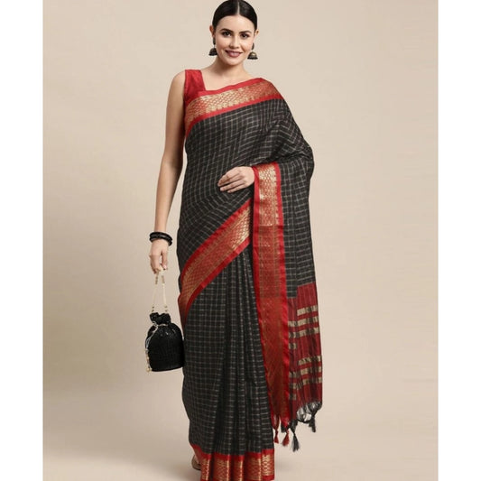 Generic Women's Cotton Silk Checkered Saree With Unstitched Blouse 5.5Mtr (Black)