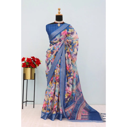 Generic Women's Linen Digital Print Saree With Unstitched Blouse 5.5Mtr (Blue)