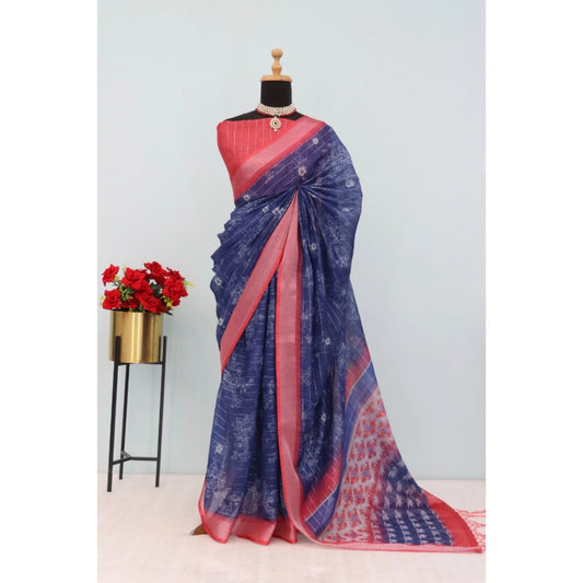 Generic Women's Linen Digital Print Saree With Unstitched Blouse 5.5Mtr (Blue)