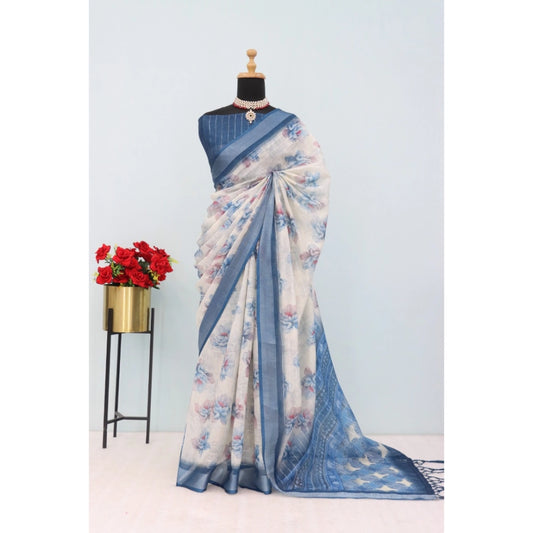 Generic Women's Linen Digital Print Saree With Unstitched Blouse 5.5Mtr (Blue)